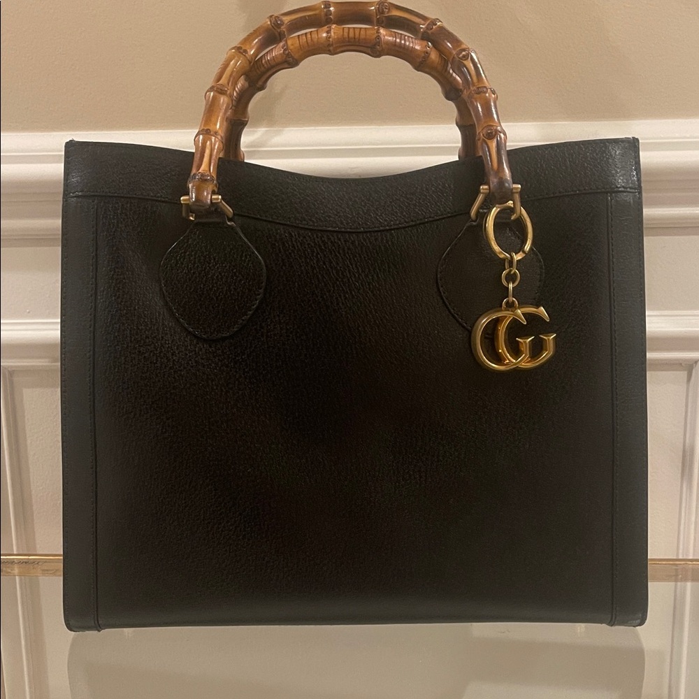 Gucci Diana Black Leather Bamboo Tote Bag